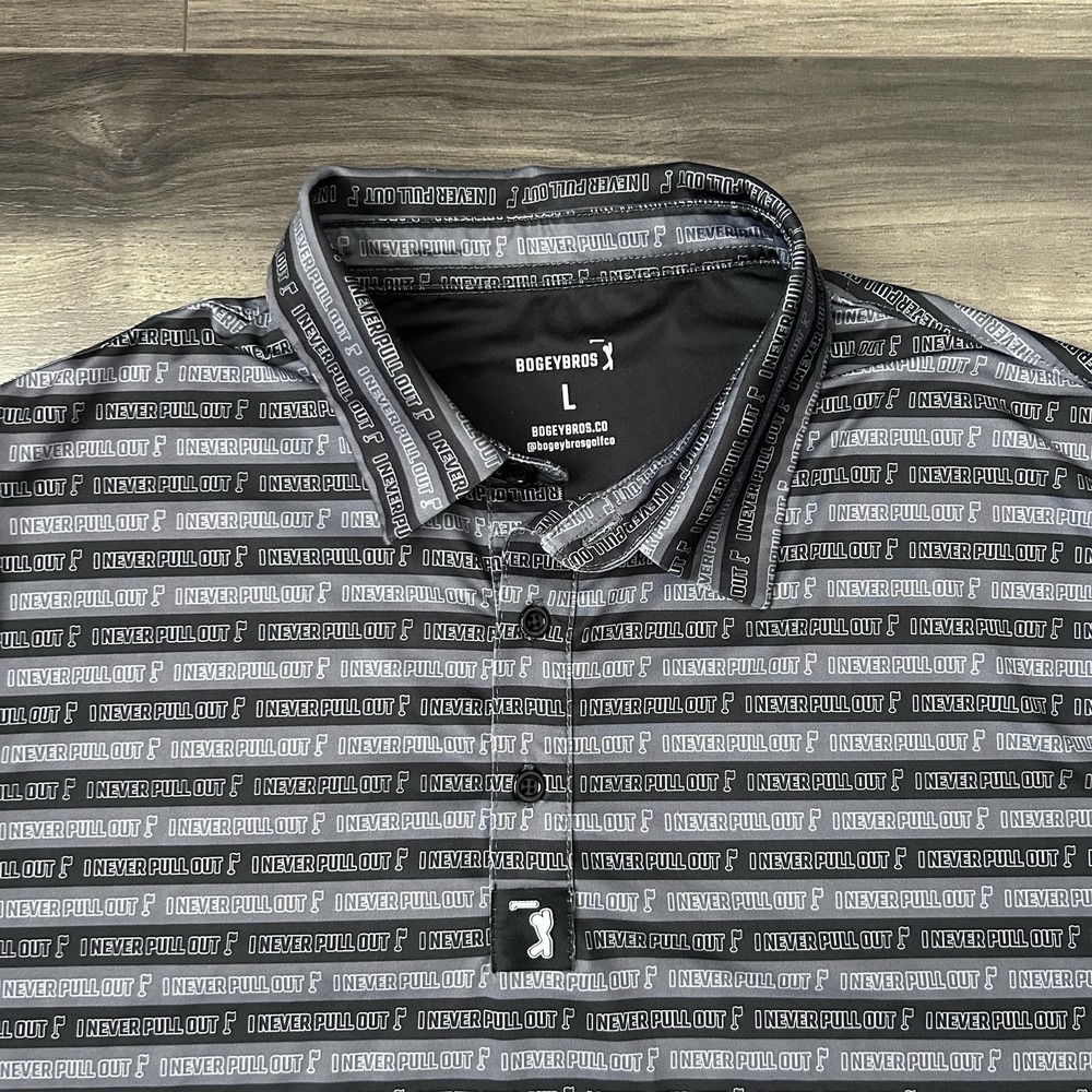 Bogey Bros Golf Polo Shirt Mens L Black Gray I Never Pull Out Performance